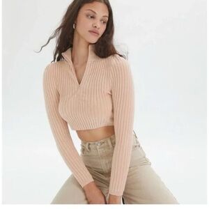 Urban Outfitters Tan / Light Pink Ribbed Wrap Crop Top Sweater
